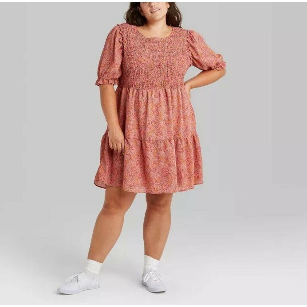 NEW‎ Wild Fable Pink Floral Smocked Dress Plus Size 1X Short Sleeve NWT